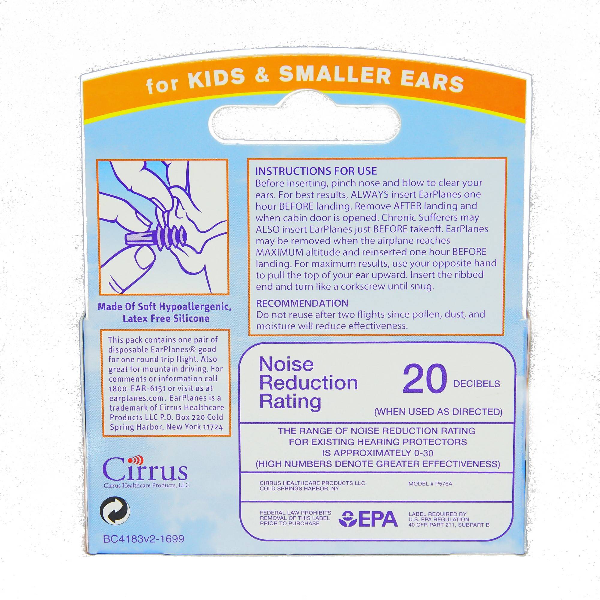 CIRRUS EARPLANES Protection From Flight Cabin Air Pressure Kids Size